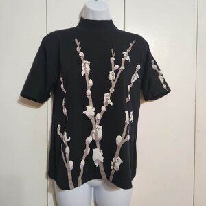 Vtg Spumoni by Franko Black Cat Shirt Willow Buds Mock Neck XS Kawaii 90s